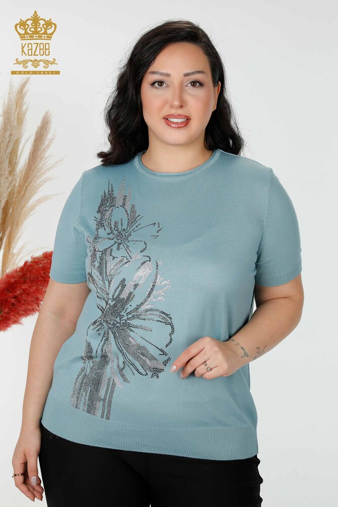 Venta al por mayor de las mujeres de punto suéter de piedra bordado floral estampado menta - 16907 | kazee - 1