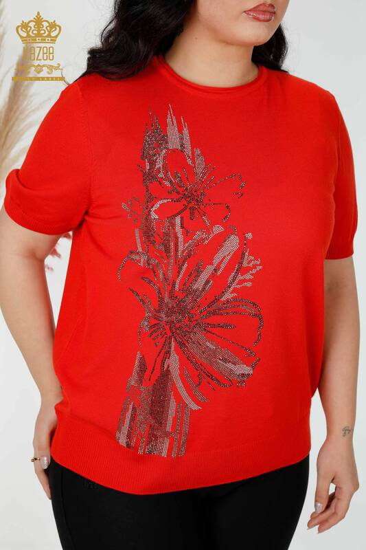 Venta al por mayor Suéter de punto para mujer con patrón floral bordado de piedra Coral - 16907 | kazee