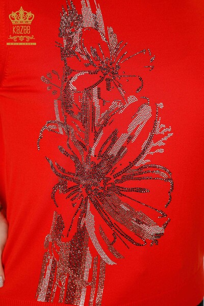 Venta al por mayor Suéter de punto para mujer con patrón floral bordado de piedra Coral - 16907 | kazee - Thumbnail