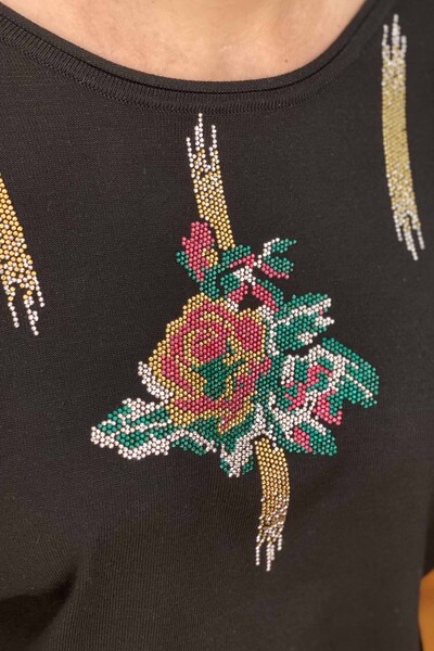 Venta al por mayor Suéter de Punto para Mujer con Estampado de Rosas y Piedras Bordadas - 16479 | kazee - Thumbnail