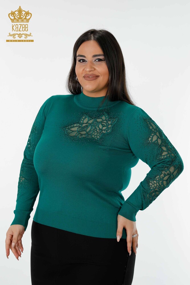 Venta al por mayor Suéter de punto para mujer con estampado de rosas verdes - 16832 | kazee - 1