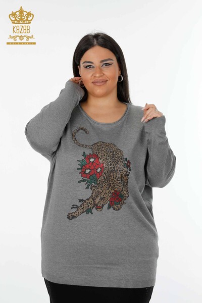 Venta al por mayor Suéter de punto para mujer Tiger Rose Pattern Grey - 16128 | kazee - Thumbnail