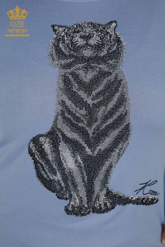 Venta al por mayor Suéter de punto para mujer - Patrón de tigre - Azul - 30127 | kazee