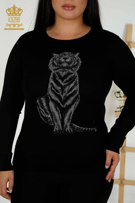 Venta al por mayor Suéter de punto para mujer - Patrón de tigre - Negro - 30127 | kazee
