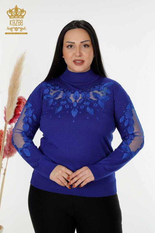 Venta al por mayor Suéter de Punto de Mujer Tul Detallado Azul Oscuro - 30123 | kazee