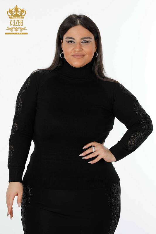 Venta al por mayor Suéter de Punto de Mujer Tul Negro Detallado - 14668 | kazee