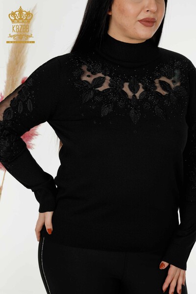 Venta al por mayor de suéter de punto de mujer de tul detallado negro - 30123 | kazee - Thumbnail