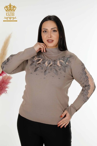 Venta al por mayor de suéter de punto de mujer con detalles de tul Mink - 30123 | kazee - 1