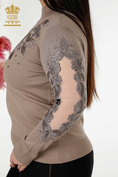 Venta al por mayor de suéter de punto de mujer con detalles de tul Mink - 30123 | kazee - 4