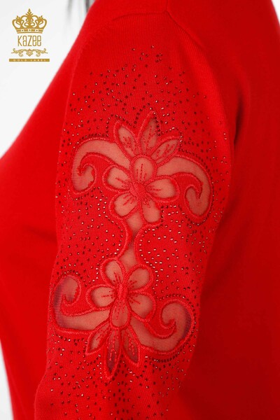 Venta al por mayor Suéter de punto para mujer con flores de tul bordadas con piedras detalladas - 16771 | kazee - Thumbnail