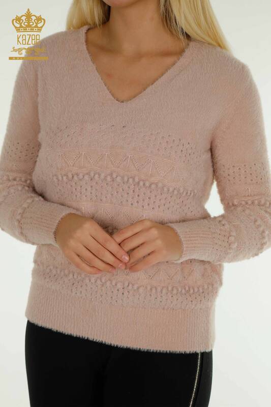 Venta al por mayor de Prendas de Punto para Mujer Suéter Angora con Cuello en V en Polvo - 30697 | KAZEE