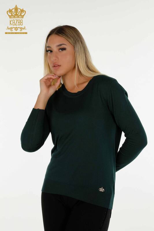 Venta al por mayor Jersey de Punto para Mujer Básico Verde Oscuro con Logo - 11052 | KAZEE
