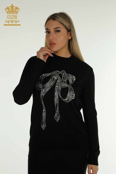 Venta al por mayor Suéter de Punto para Mujer con Cuentas de Piedra Bordada Negro - 30672 | KAZEE - Thumbnail