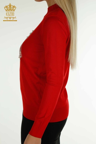 Venta al por mayor Suéter de punto para mujer con cuentas de piedra bordado rojo - 30672 | KAZEE - Thumbnail