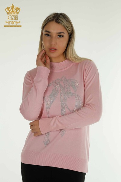 Venta al por mayor Suéter de Punto para Mujer con Cuentas de Piedra Bordada Rosa - 30672 | KAZEE - Thumbnail