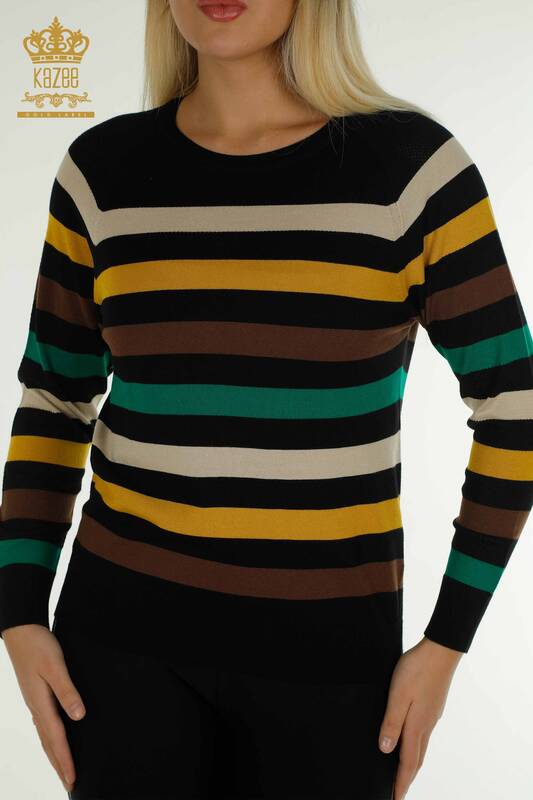 Venta al por mayor Suéter de punto para mujer Azafrán negro a rayas de dos colores - 30786 | KAZEE