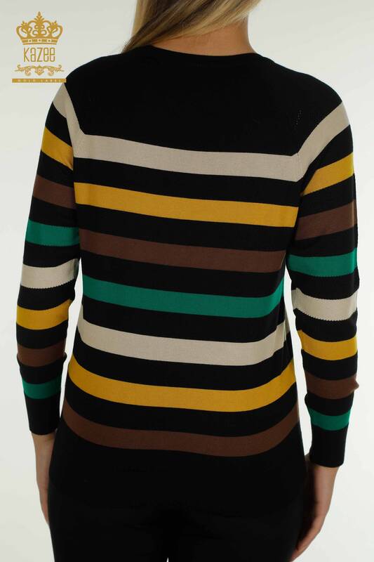 Venta al por mayor Suéter de punto para mujer Azafrán negro a rayas de dos colores - 30786 | KAZEE