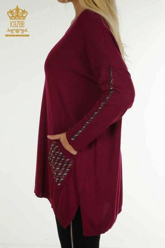 Venta al por mayor Suéter de Punto para Mujer con Detalle de Bolsillo, Morado - 30591 | KAZEE