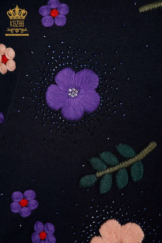 Venta al por mayor Suéter de punto para mujer con bordado floral Azul marino - 16760 | KAZEE