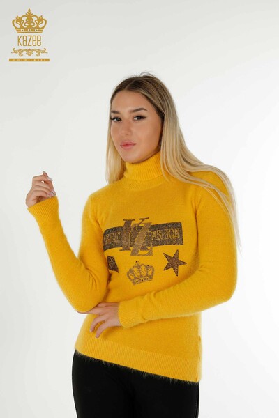 Venta al por mayor Suéter de punto para mujer con bordado de piedra Angora Amarillo - 18894 | KAZEE - Thumbnail