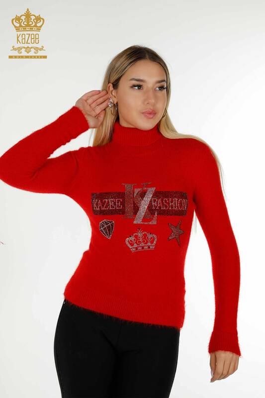 Venta al por mayor Suéter de punto para mujer con bordado de piedra Angora Rojo - 18894 | KAZEE