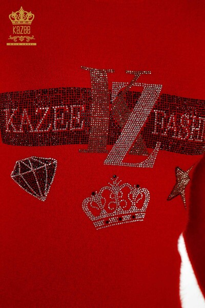 Venta al por mayor Suéter de punto para mujer con bordado de piedra Angora Rojo - 18894 | KAZEE - Thumbnail