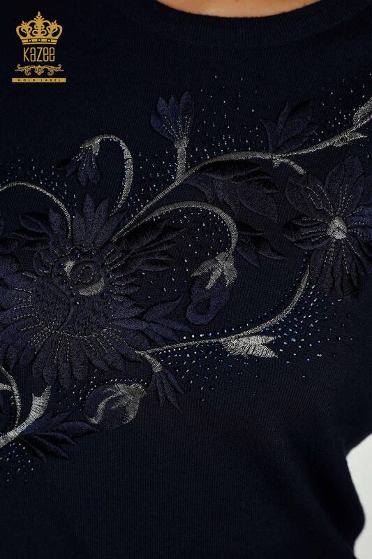 Venta al por mayor Suéter de Punto para Mujer Bordado Piedra Azul Marino - 30146 | KAZEE