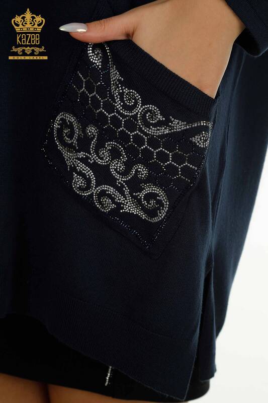 Venta al por mayor Suéter de Punto para Mujer Bordado Piedra Azul Marino - 30601 | KAZEE