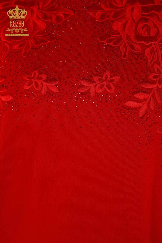 Venta al por mayor Suéter de Punto para Mujer Rojo con Bordado de Piedras - 16799 | KAZEE