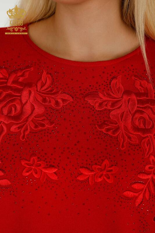 Venta al por mayor Suéter de Punto para Mujer Rojo con Bordado de Piedras - 16799 | KAZEE