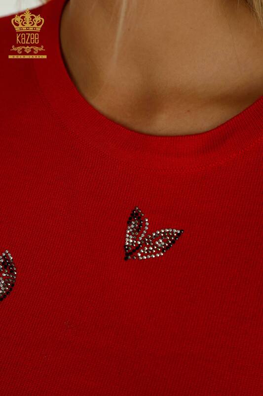 Venta al por mayor Suéter de Punto para Mujer Rojo con Bordado de Piedras - 30471 | KAZEE