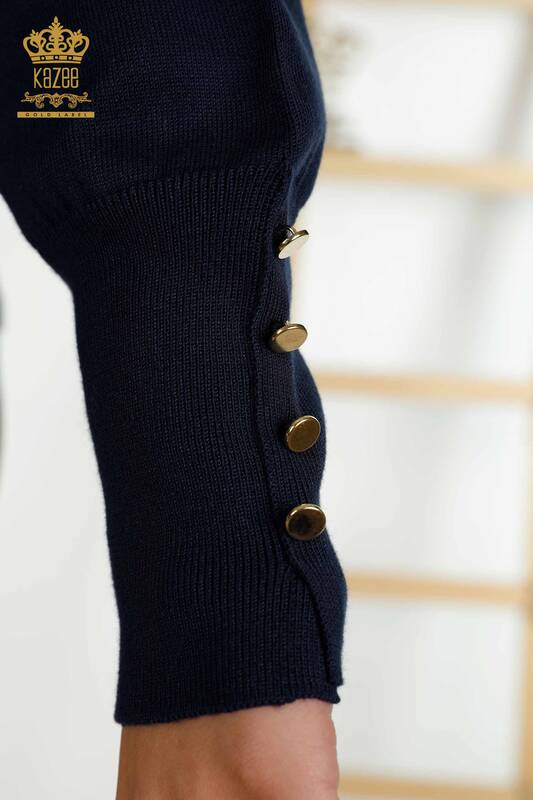 Venta al por mayor Suéter de punto para mujer Botón detallado Azul marino - 30139 | KAZEE
