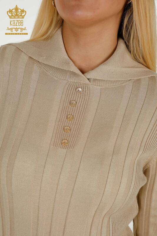 Venta al por mayor Suéter de Punto para Mujer Botón Detallado Beige - 30134 | KAZEE