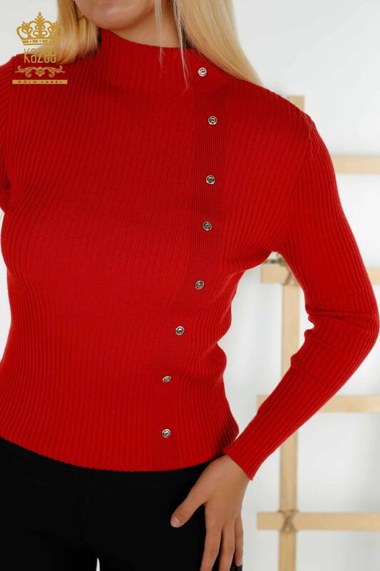 Venta al por mayor Suéter de punto para mujer Botón detallado Rojo - 30394 | KAZEE