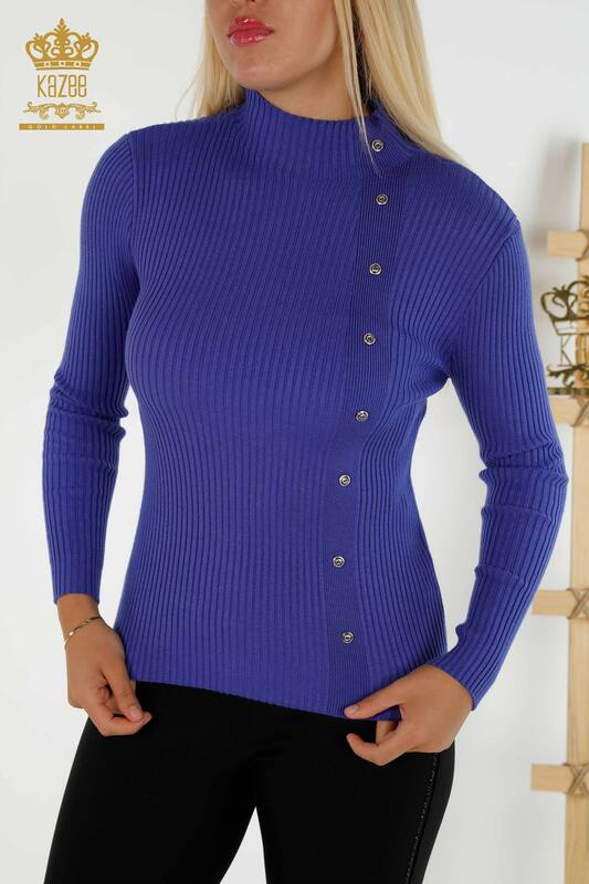 Venta al por mayor Suéter de Punto para Mujer Botón Detallado Violeta - 30394 | KAZEE
