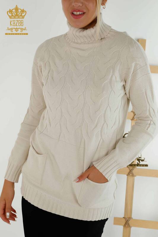 Venta al por mayor de Prendas de Punto para Mujer Suéter Cuello Alto Beige - 30231 | KAZEE