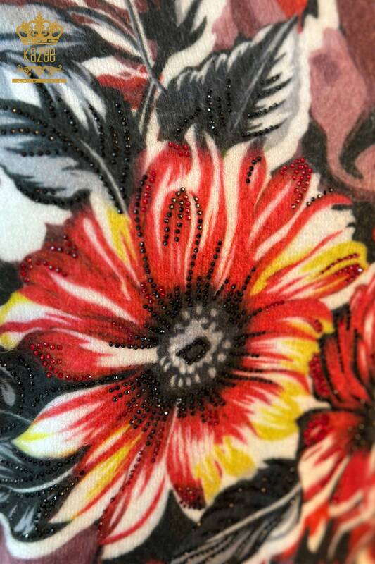 Venta al por mayor Suéter de punto para mujer con estampado colorido Angora rojo - 18939 | KAZEE