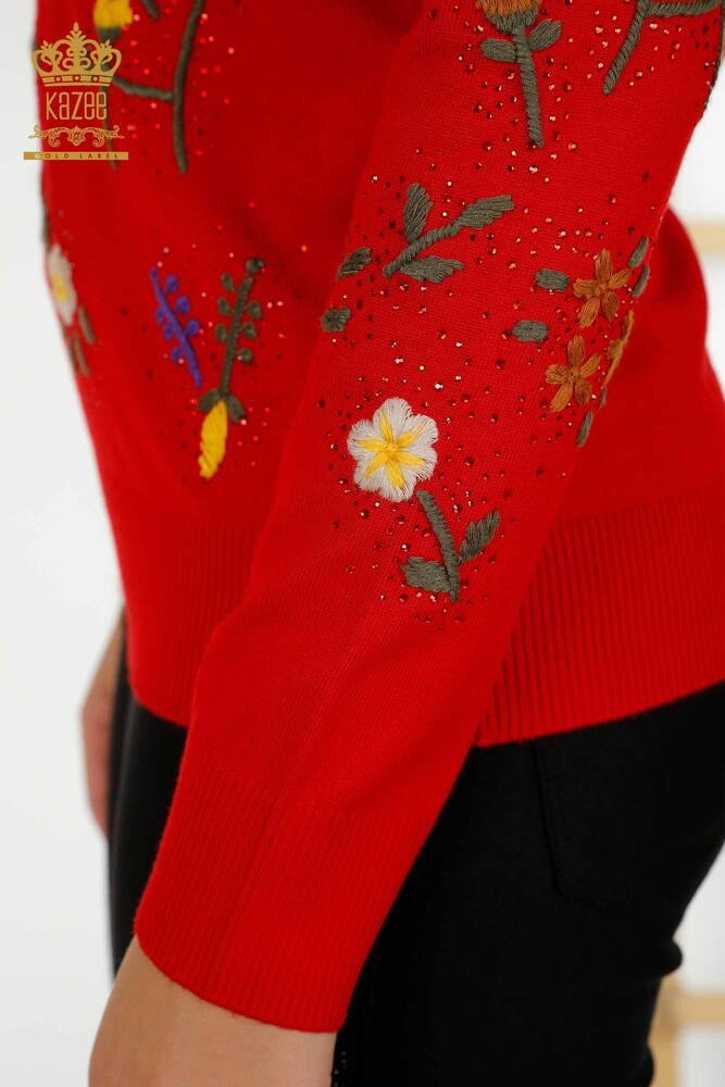 Venta al por mayor Suéter de punto para mujer rojo con bordado de flores de colores - 16445 | KAZEE - 6