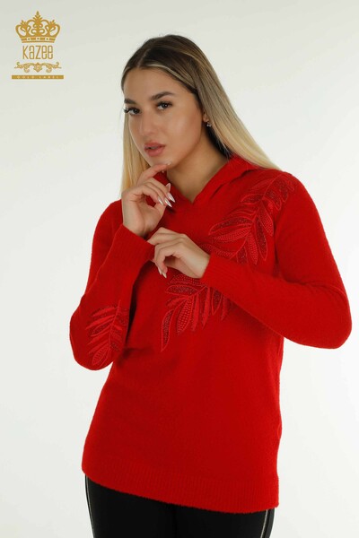 Venta al por mayor Suéter de punto para mujer con capucha Angora Rojo - 40008 | KAZEE - Kazee