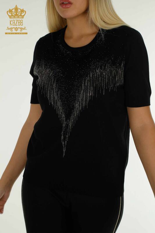 Venta al por mayor Suéter de Punto para Mujer Negro con Bordado de Piedras de Cristal - 30330 | KAZEE