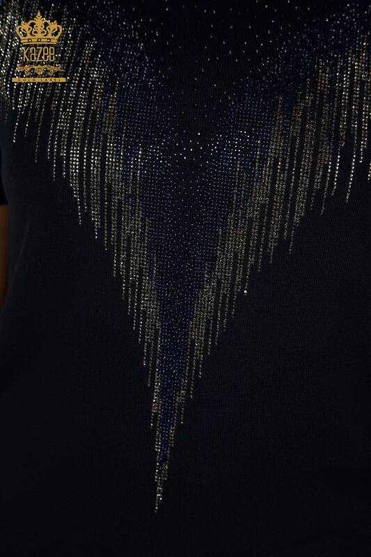 Venta al por mayor Suéter de Punto para Mujer Bordado con Piedras de Cristal Azul Marino - 30330 | KAZEE