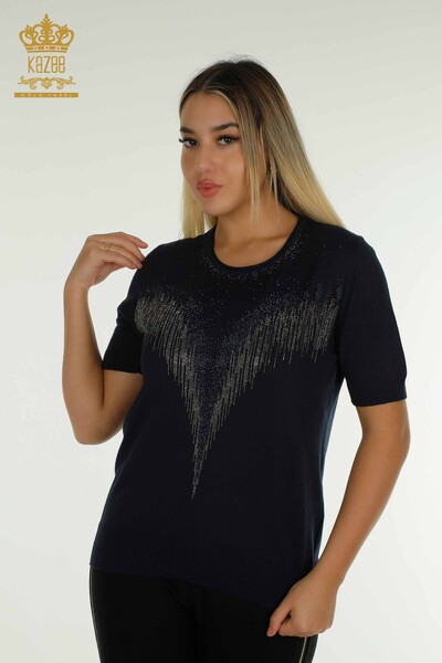 Venta al por mayor Suéter de Punto para Mujer Bordado con Piedras de Cristal Azul Marino - 30330 | KAZEE - Kazee