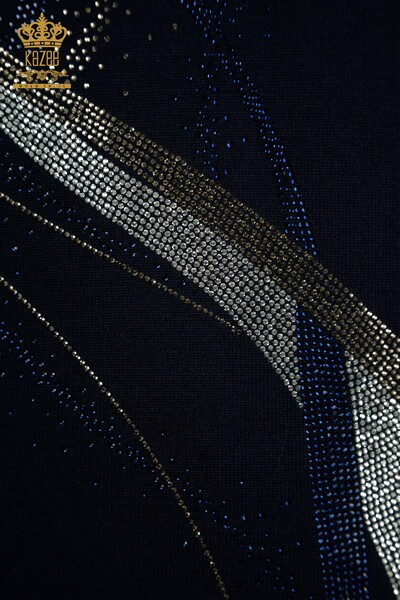 Venta al por mayor Suéter de Punto para Mujer Bordado con Piedras de Cristal Azul Marino - 30469 | KAZEE - Thumbnail