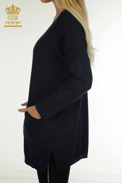 Venta al por mayor Suéter de Punto para Mujer Bordado con Piedras de Cristal Azul Marino - 30602 | KAZEE - Thumbnail