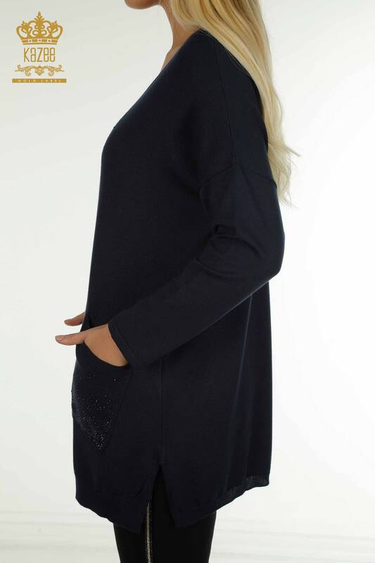 Venta al por mayor Suéter de Punto para Mujer Bordado con Piedras de Cristal Azul Marino - 30602 | KAZEE