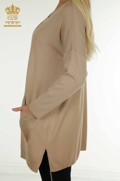 Venta al por mayor Suéter de Punto para Mujer Bordado con Piedras de Cristal Beige - 30602 | KAZEE - Thumbnail