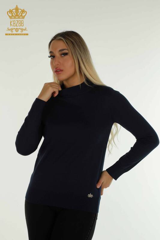 Venta al por mayor Suéter de Punto para Mujer Cuello Alto Básico Azul Marino - 30613 | KAZEE