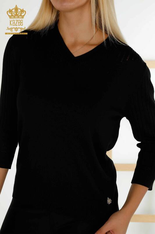 Venta al por mayor Suéter de Punto para Mujer con Cuello en V Básico Negro - 30259 | KAZEE