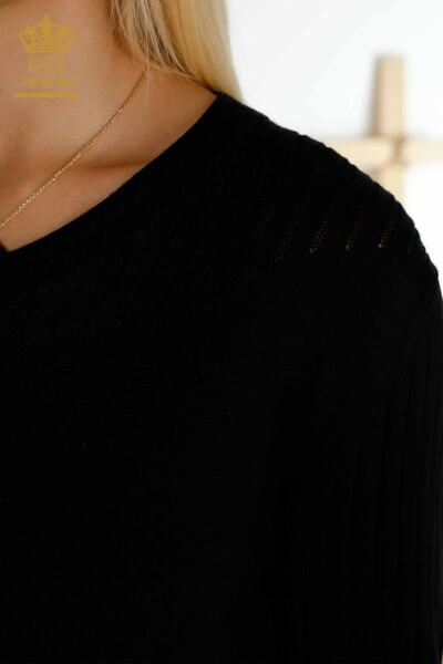 Venta al por mayor Suéter de Punto para Mujer con Cuello en V Básico Negro - 30259 | KAZEE - Thumbnail