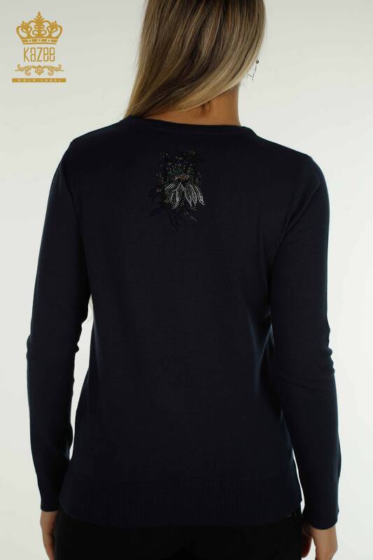 Venta al por mayor Suéter de Punto para Mujer Bordado Floral Azul Marino - 30612 | KAZEE